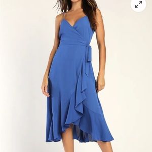 Lulu’s Manhattan Moment Blue Ruffled Midi Wrap Dress